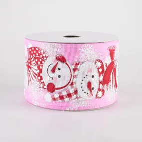 2.5" Linen Snowmen in Earmuffs Ribbon: Pink (10 Yards)