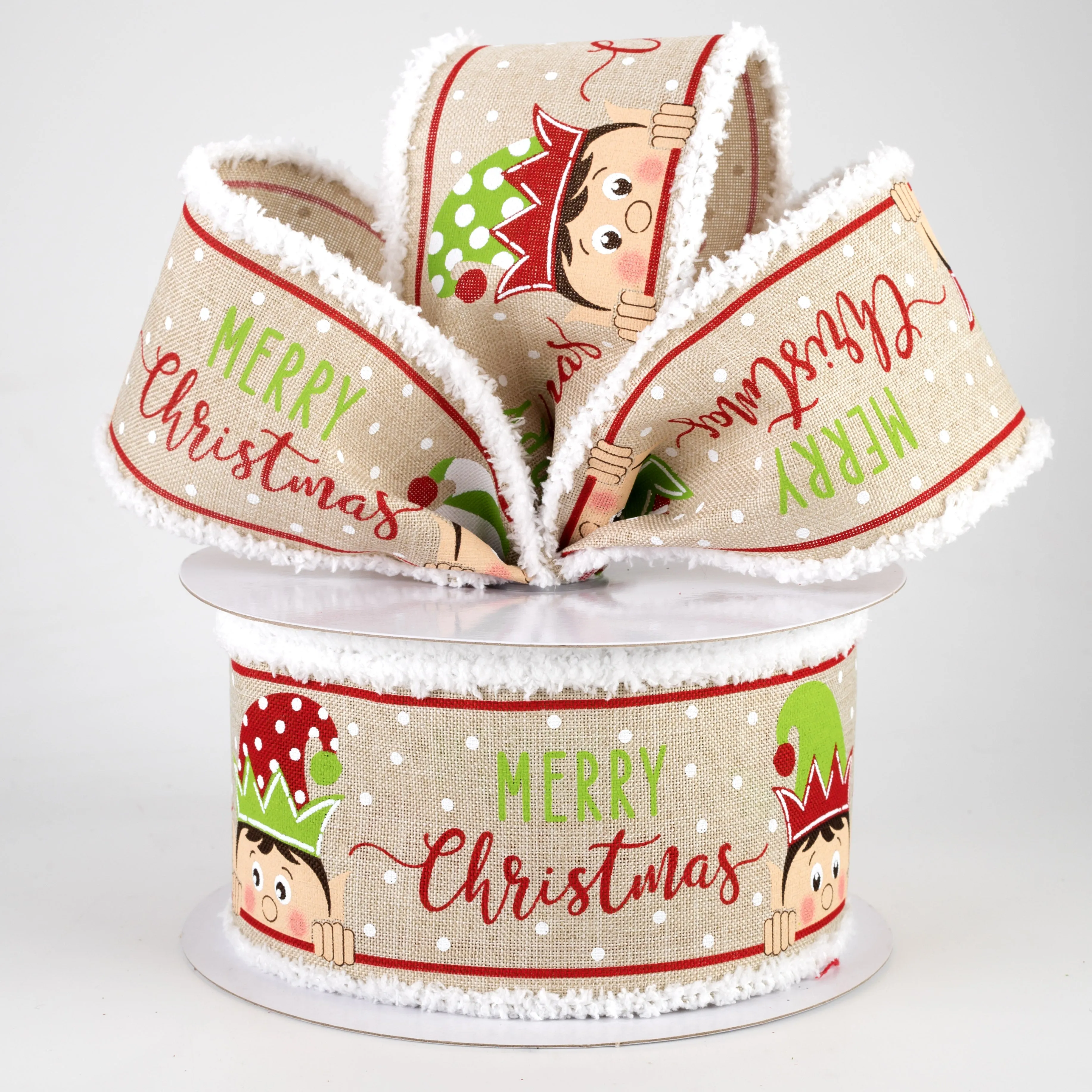 2.5" Peeking Elf Fuzzy Edge Ribbon: Light Natural (10 Yards)