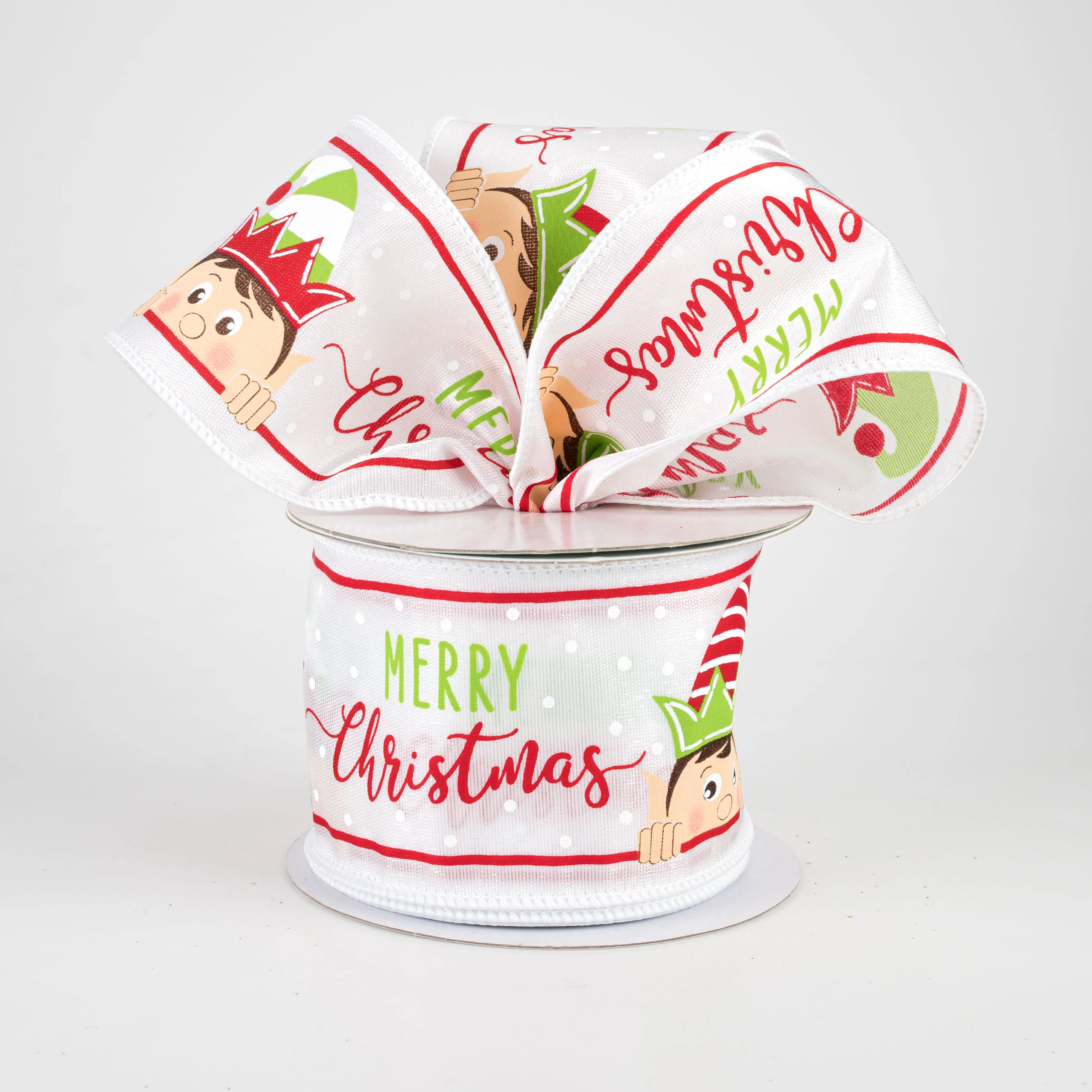 2.5" Peeking Elf Ribbon: White Satin (10 Yards)