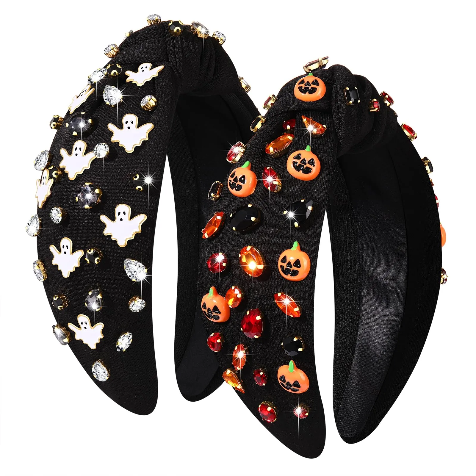 2PCS Halloween Headbands for Women Halloween Accessories Boo Trick or Treat Knotted Headband Embellished Rhinestone Pearl Top Knot Headbands Halloween Costume Party Hair Accessory (2PCS Halloween C)
