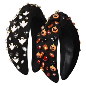 2PCS Halloween Headbands for Women Halloween Accessories Boo Trick or Treat Knotted Headband Embellished Rhinestone Pearl Top Knot Headbands Halloween Costume Party Hair Accessory (2PCS Halloween C)