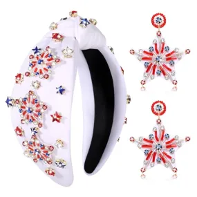 4th of July Headband American Flag Star Headband Sparkle Red White Blue Rhinestone Fireworks Knotted Headband USA Star Earrings Partriotic Head Band Hair Accessories Gifts