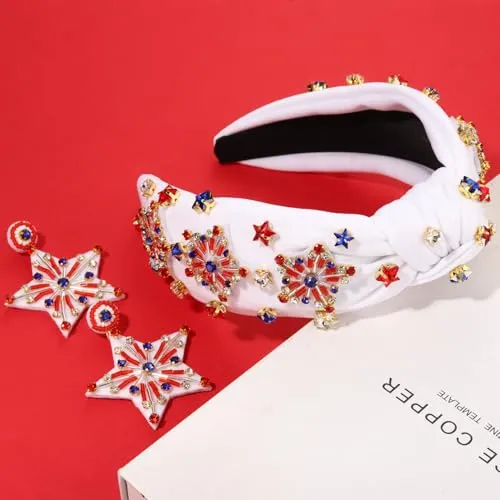 4th of July Headband American Flag Star Headband Sparkle Red White Blue Rhinestone Fireworks Knotted Headband USA Star Earrings Partriotic Head Band Hair Accessories Gifts