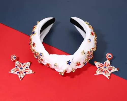 4th of July Headband American Flag Star Headband Sparkle Red White Blue Rhinestone Fireworks Knotted Headband USA Star Earrings Partriotic Head Band Hair Accessories Gifts