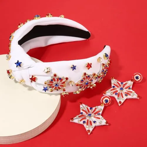 4th of July Headband American Flag Star Headband Sparkle Red White Blue Rhinestone Fireworks Knotted Headband USA Star Earrings Partriotic Head Band Hair Accessories Gifts