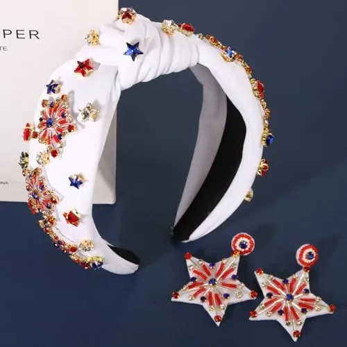4th of July Headband American Flag Star Headband Sparkle Red White Blue Rhinestone Fireworks Knotted Headband USA Star Earrings Partriotic Head Band Hair Accessories Gifts