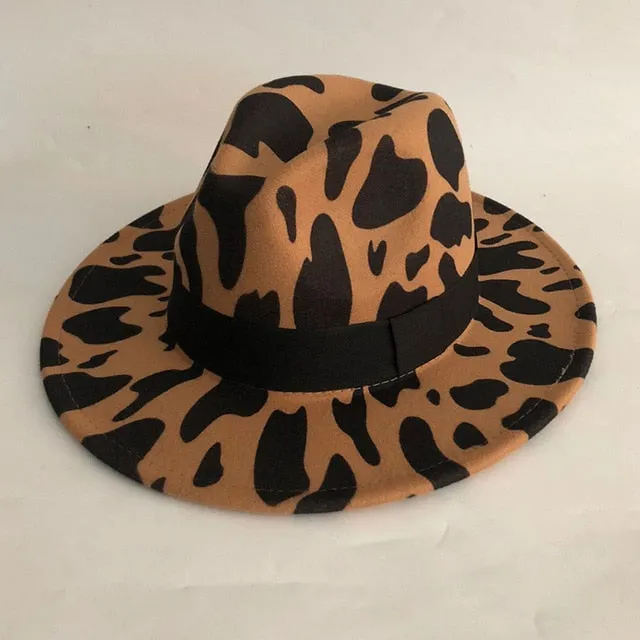 Animal Print Wool Fedora Hat w/ Black Ribbon Womens Accessories