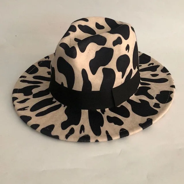Animal Print Wool Fedora Hat w/ Black Ribbon Womens Accessories