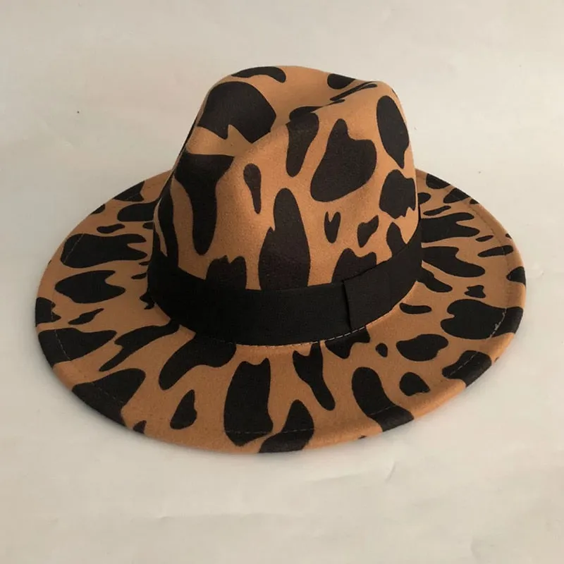 Animal Print Wool Fedora Hat w/ Black Ribbon Womens Accessories