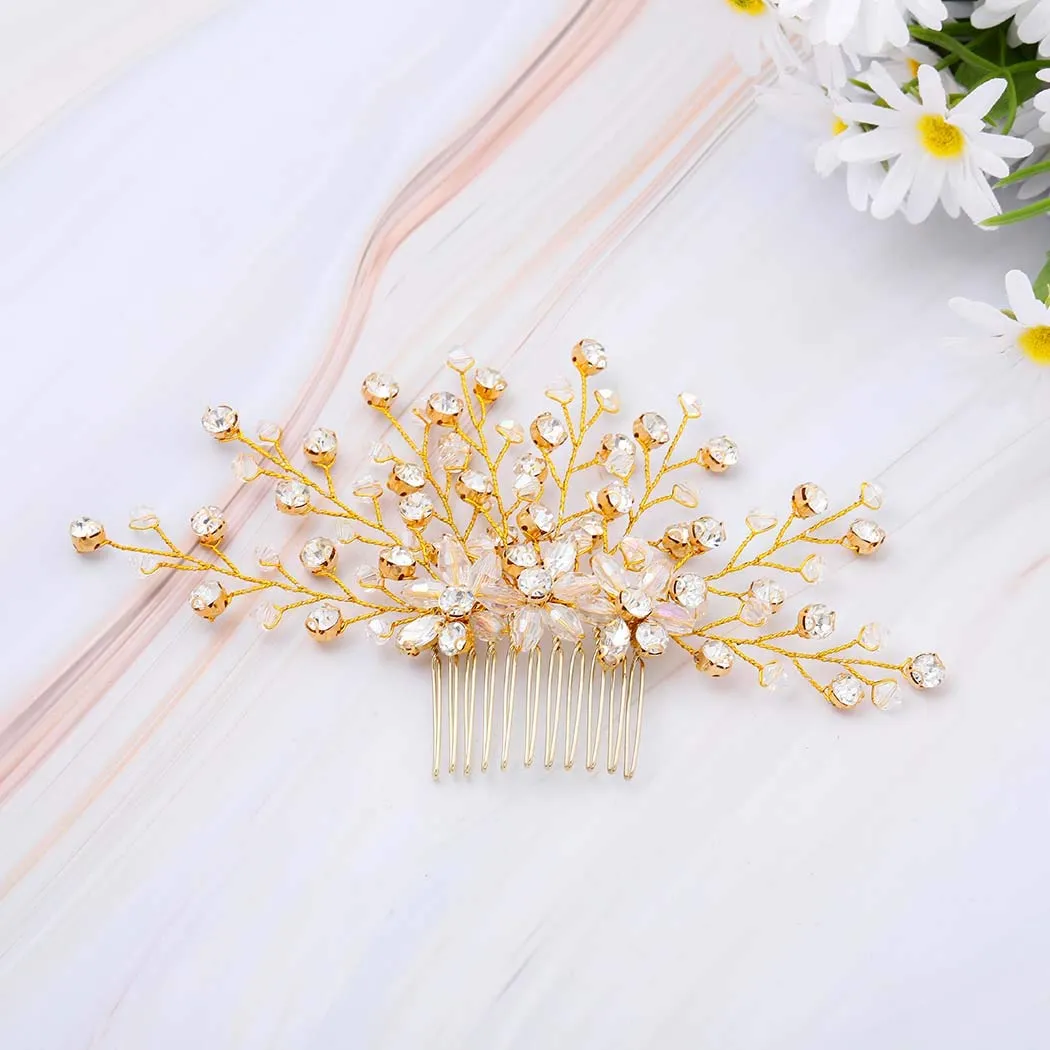 Aukmla Bride Wedding Hair Combs Crystal Hair Piece Flower Hair Accessories Decorative for Women and Girls