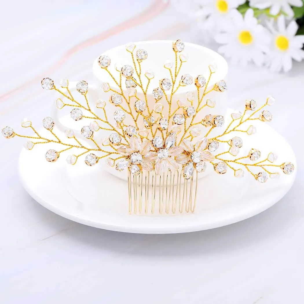 Aukmla Bride Wedding Hair Combs Crystal Hair Piece Flower Hair Accessories Decorative for Women and Girls