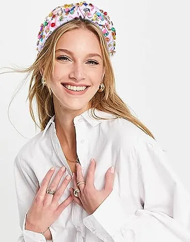 Back to School Headband Colorful Crystal Beads Knotted Headband Cute School Teacher Pattern Top Knot Twist Hairband Headpieces Boho Spring Summer Headband Hair Accessories for Teacher Student (back to