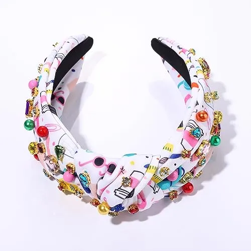 Back to School Headband Colorful Crystal Beads Knotted Headband Cute School Teacher Pattern Top Knot Twist Hairband Headpieces Boho Spring Summer Headband Hair Accessories for Teacher Student (back to