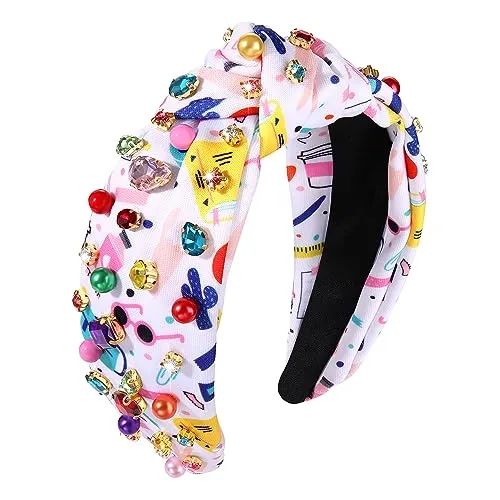 Back to School Headband Colorful Crystal Beads Knotted Headband Cute School Teacher Pattern Top Knot Twist Hairband Headpieces Boho Spring Summer Headband Hair Accessories for Teacher Student (back to