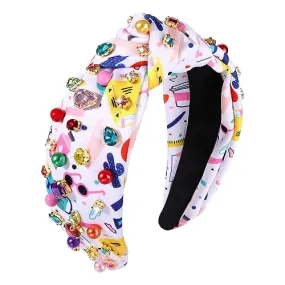 Back to School Headband Colorful Crystal Beads Knotted Headband Cute School Teacher Pattern Top Knot Twist Hairband Headpieces Boho Spring Summer Headband Hair Accessories for Teacher Student (back to