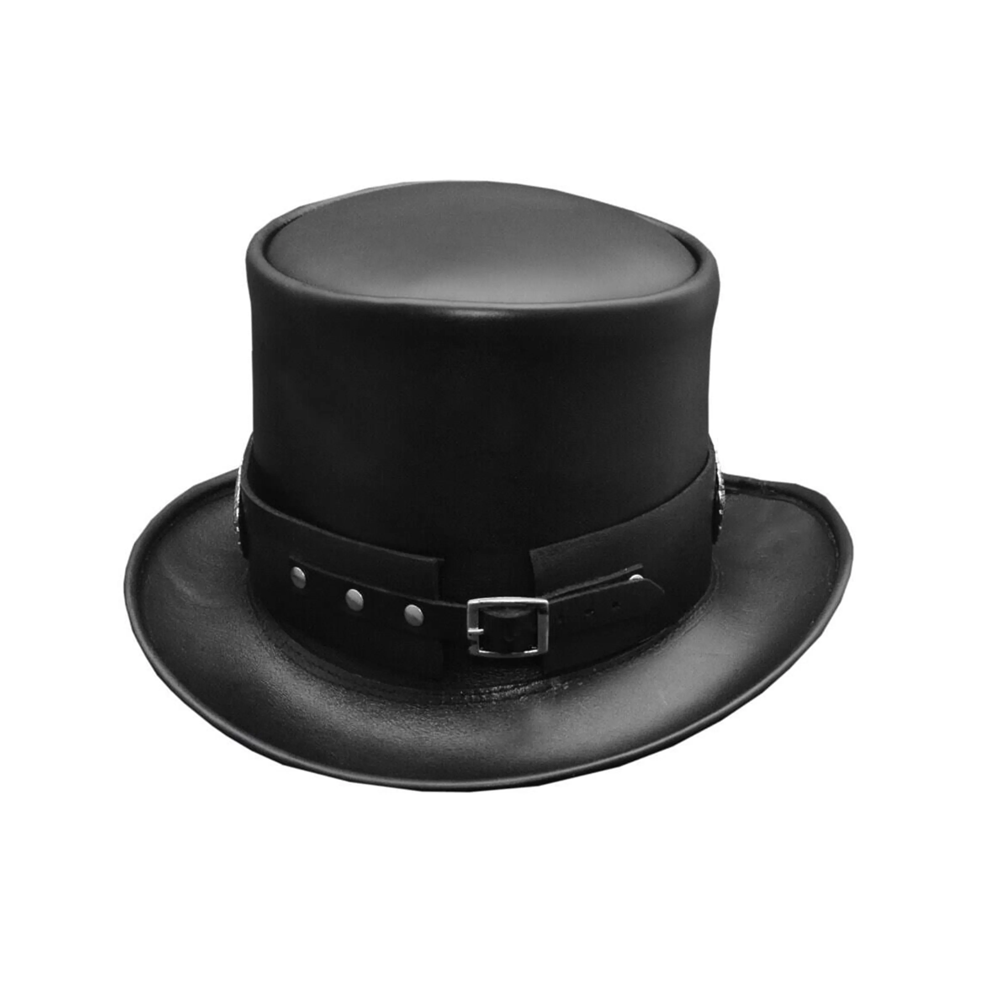 Black Leather Rocker Top Hat with Slash Style Conchos Band