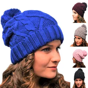 Bobble Hat Blue Cable Knit - Ladies Woolly Hat - Winter Beanie for Women