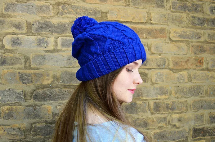 Bobble Hat Blue Cable Knit - Ladies Woolly Hat - Winter Beanie for Women
