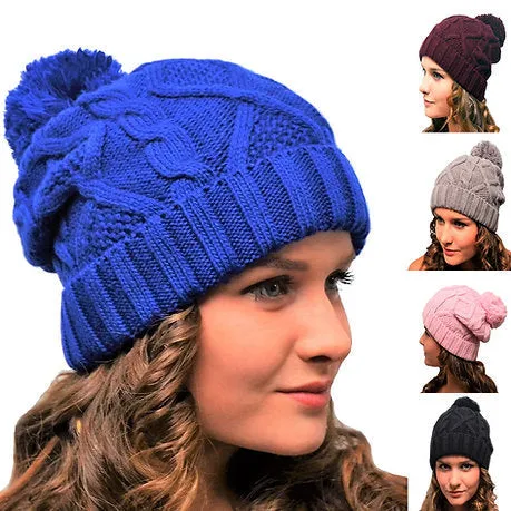 Bobble Hat Blue Cable Knit - Ladies Woolly Hat - Winter Beanie for Women