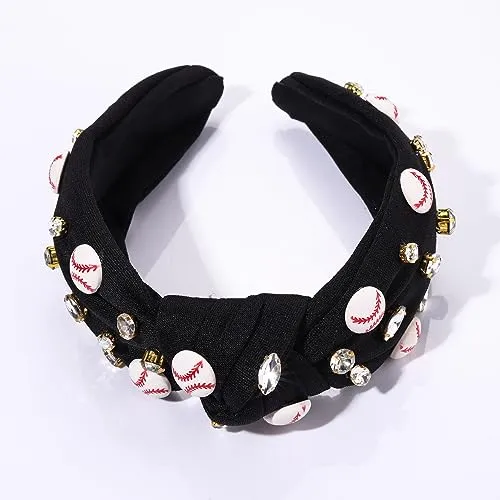 boderier Game Day Headband Baseball Knotted Headband for Women Bejeweled Sports Hairband Crystal Embellished Wide Top Knot Headband Game Day Accessories Gifts (Black)