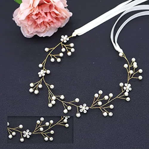 Braveamor Bridal Headpiece Headband Wedding Hair Vine with Pearls Bridal Headpiece Wedding Hair Accessories for Brides Bridesmaids Flower Girls (4 Pack)(Pattern 1-Gold)