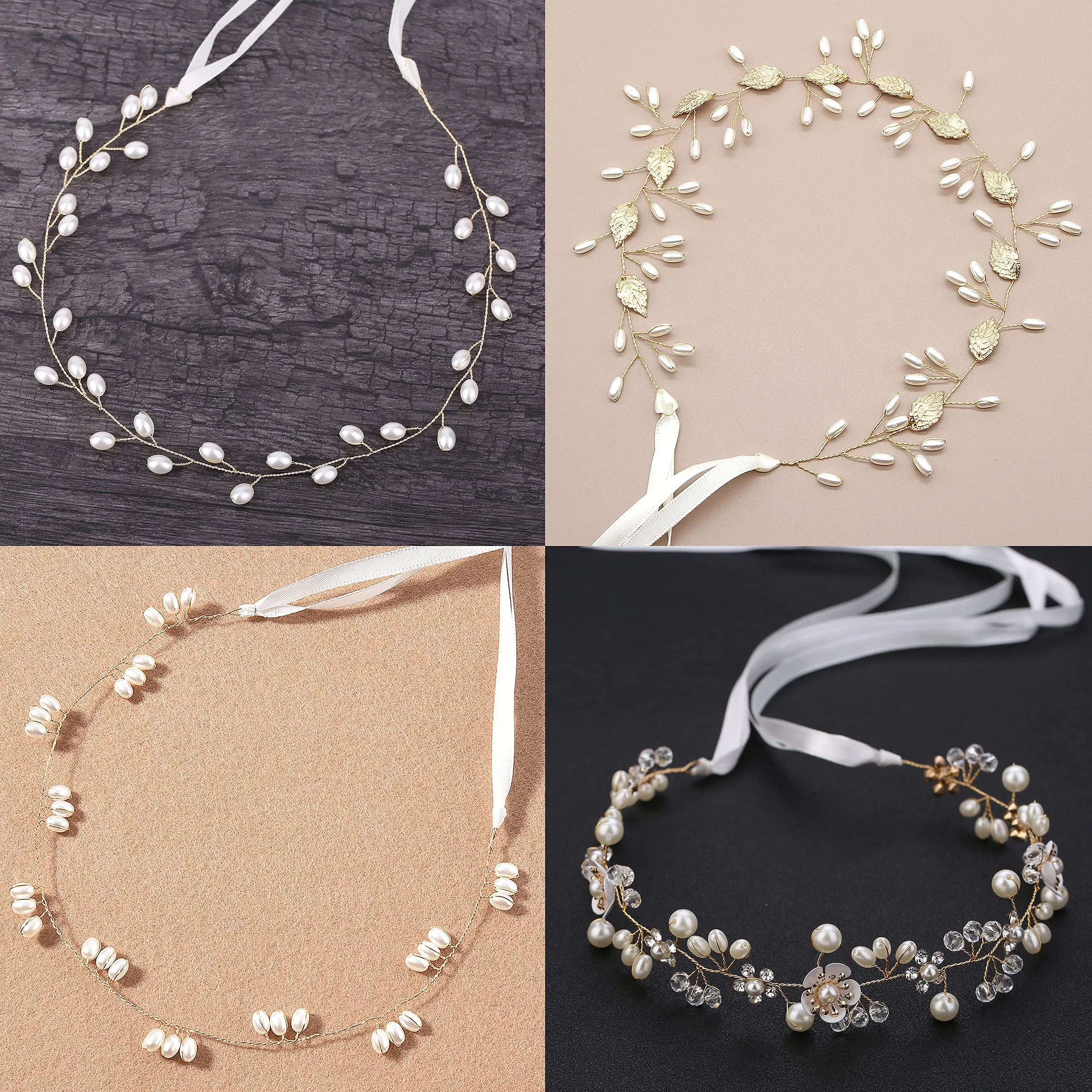 Braveamor Bridal Headpiece Headband Wedding Hair Vine with Pearls Bridal Headpiece Wedding Hair Accessories for Brides Bridesmaids Flower Girls (4 Pack)(Pattern 4-Gold)