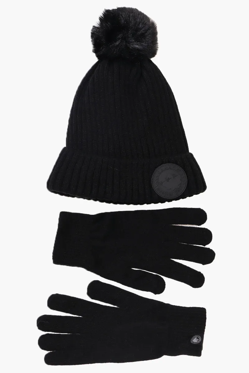 Canada Weather Gear Gloves Pom Pom Hat Set - Black