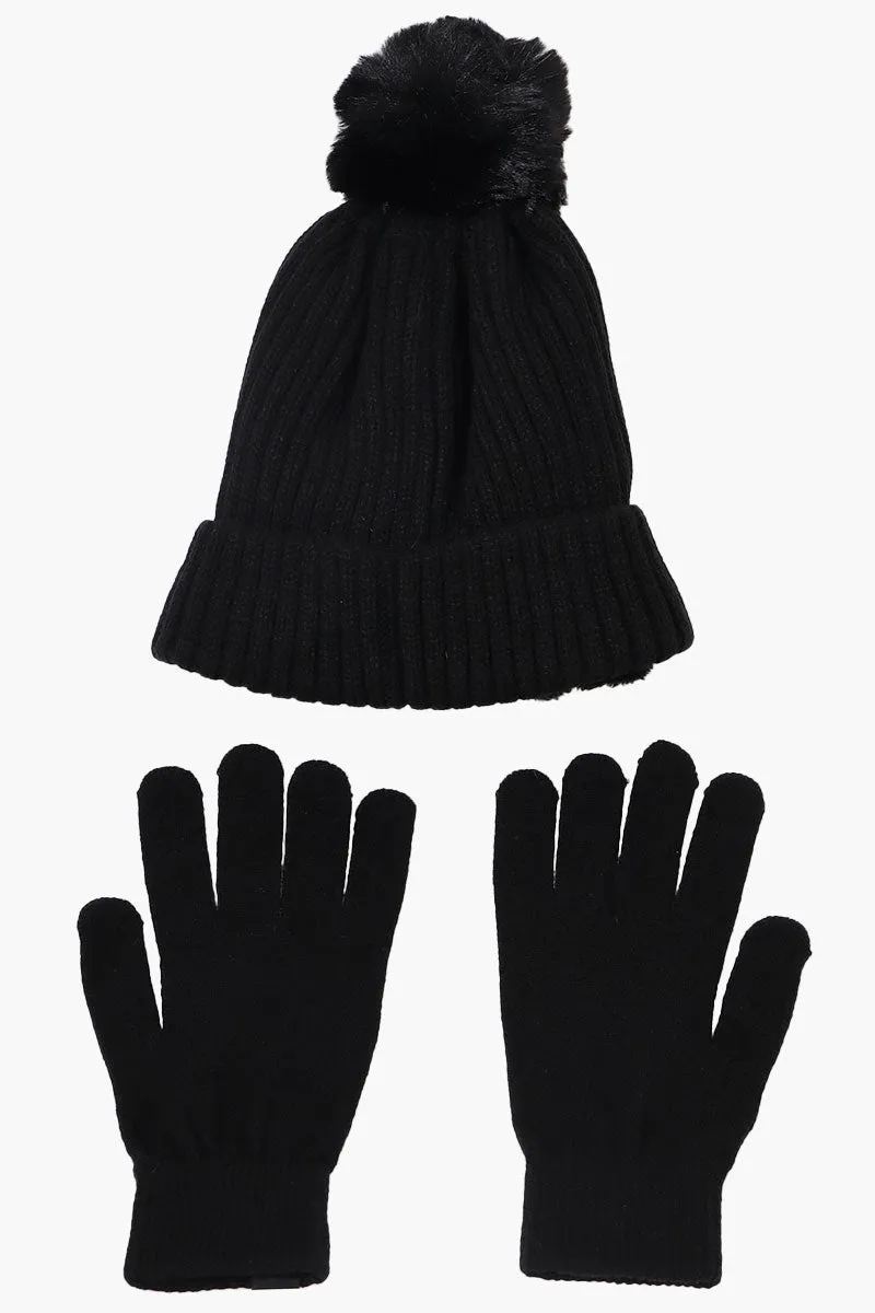 Canada Weather Gear Gloves Pom Pom Hat Set - Black