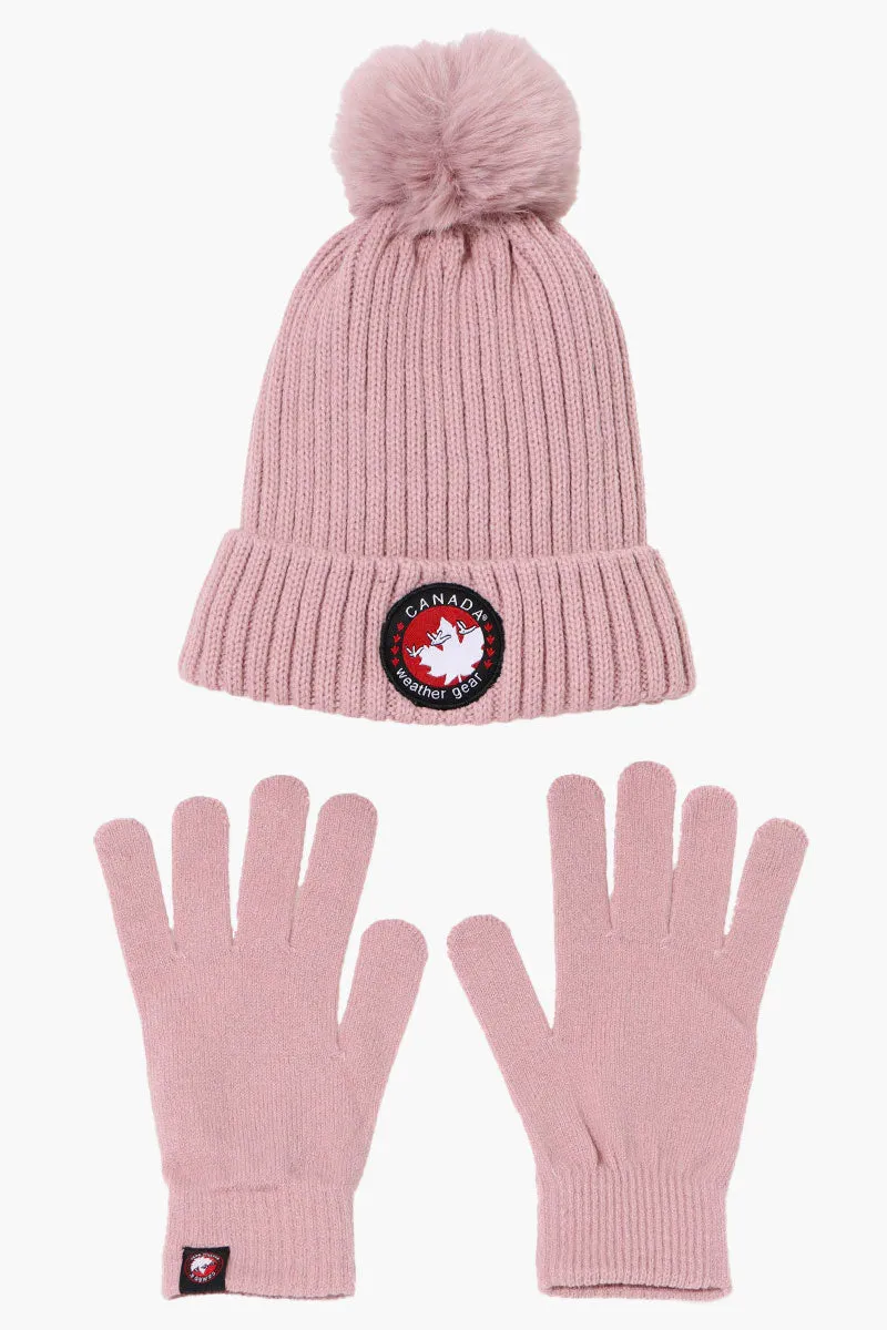 Canada Weather Gear Gloves Pom Pom Hat Set - Pink