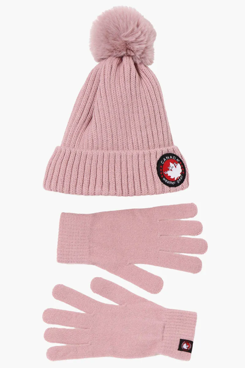 Canada Weather Gear Gloves Pom Pom Hat Set - Pink