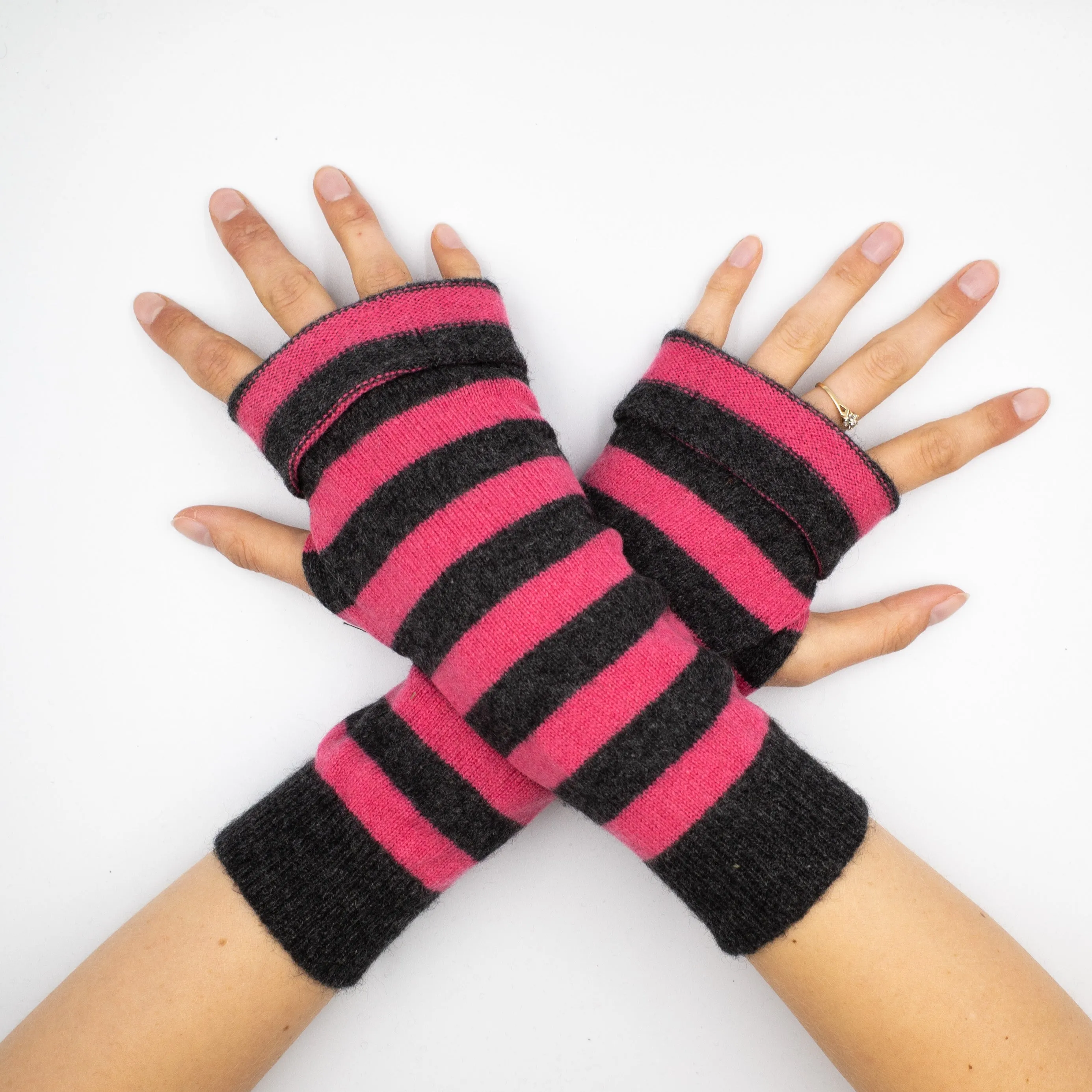 Charcoal and Raspberry Fingerless Gloves Striped