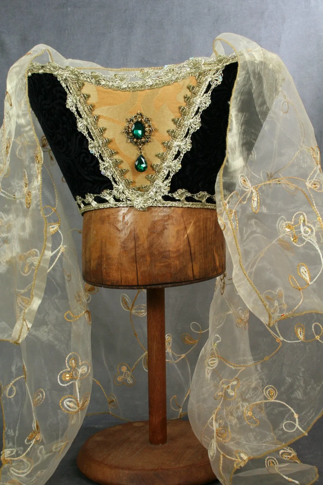 Fancy Horned Headdress - Black Embossed / Gold Sequin Veil / Green Jewel