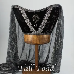 Fancy Horned Headdress - Black Silver Velvet /Silver Metallic Veil / Black Jewel