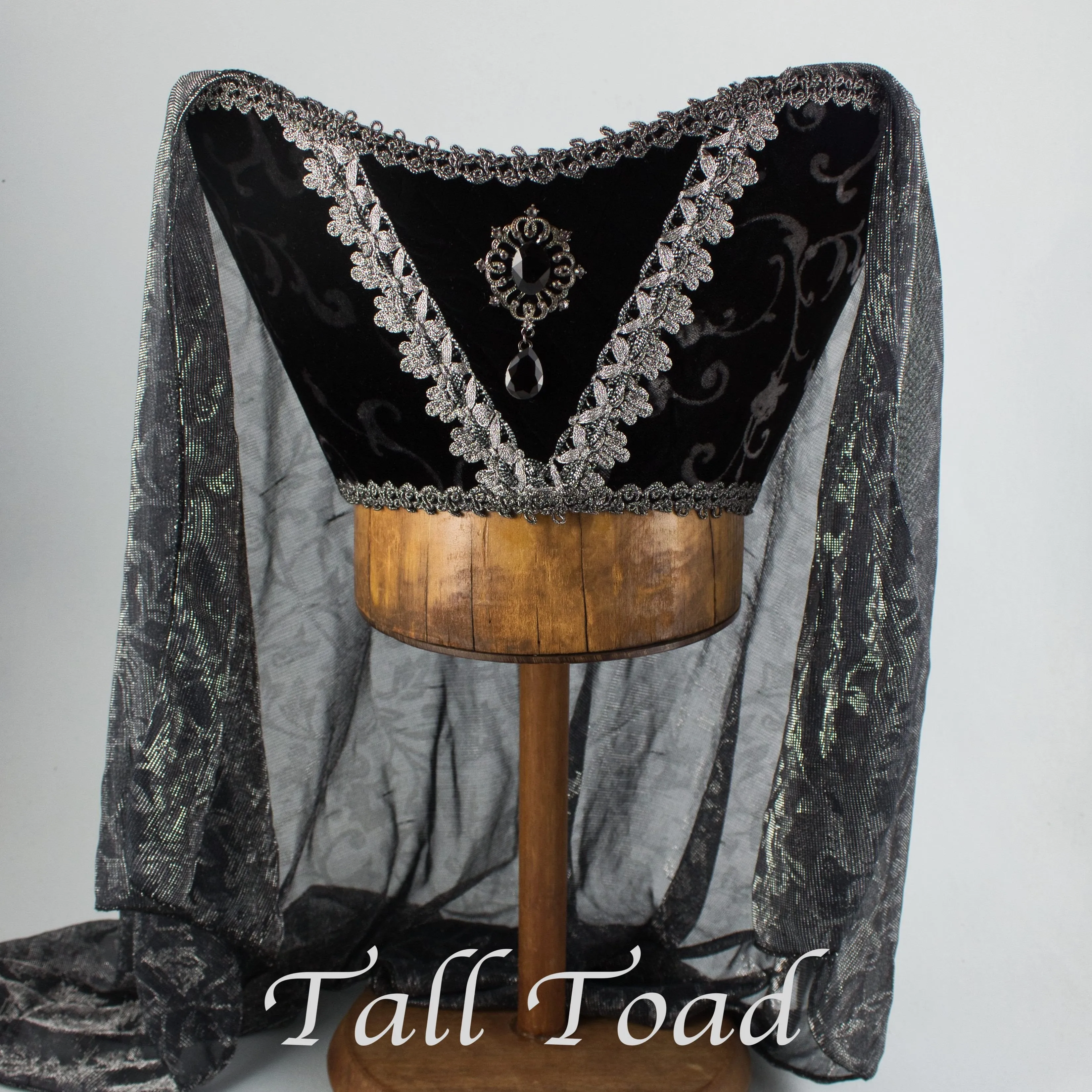 Fancy Horned Headdress - Black Silver Velvet /Silver Metallic Veil / Black Jewel