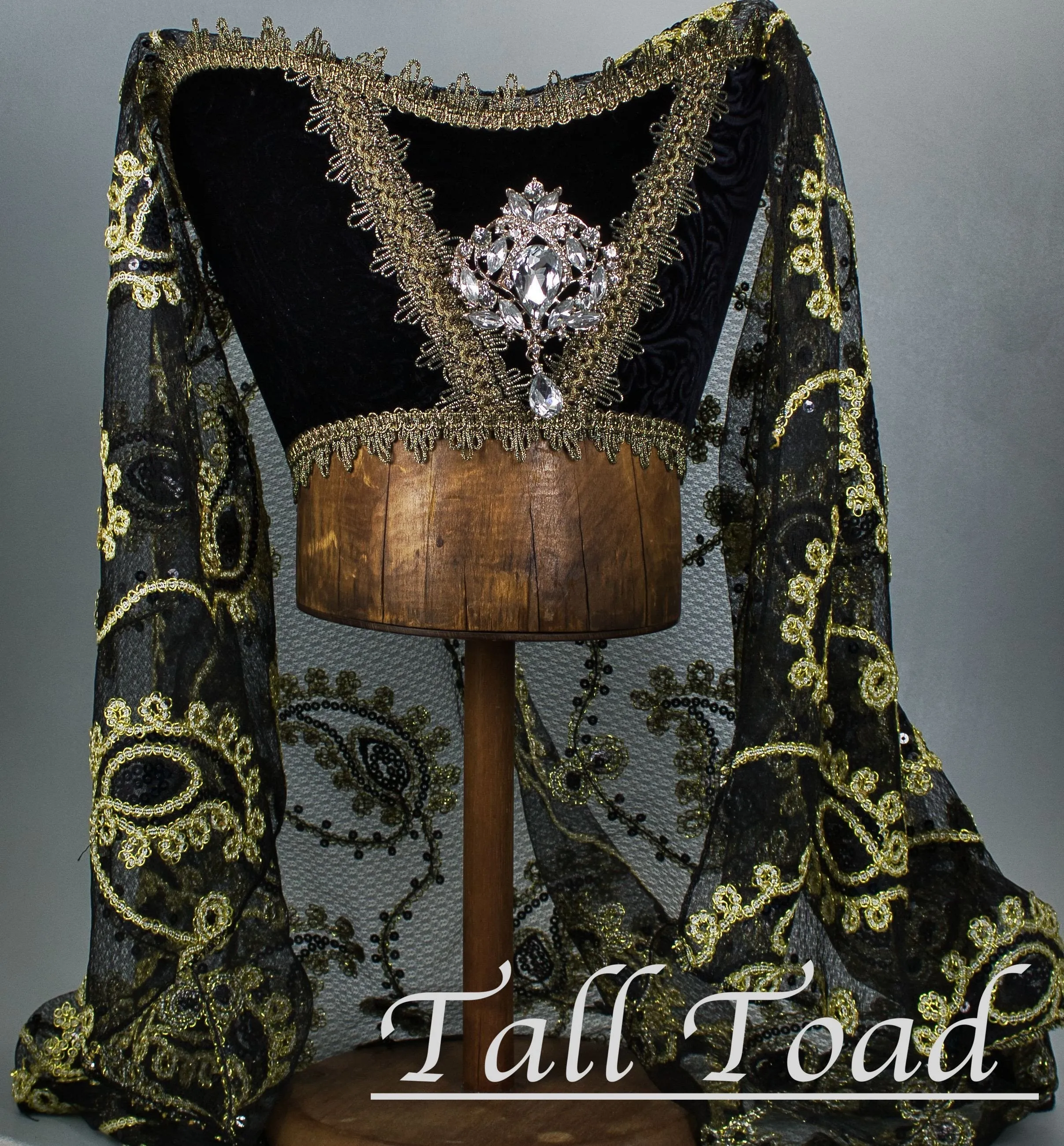 Fancy Horned Headdress - Black Velvet / Black Gold Sequin Veil / Ice Jewel
