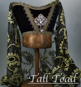 Fancy Horned Headdress - Black Velvet / Black Gold Sequin Veil / Ice Jewel