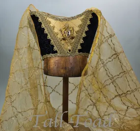 Fancy Horned Headdress - Black Velvet / Gold Embroidered Veil / Amber Jewel