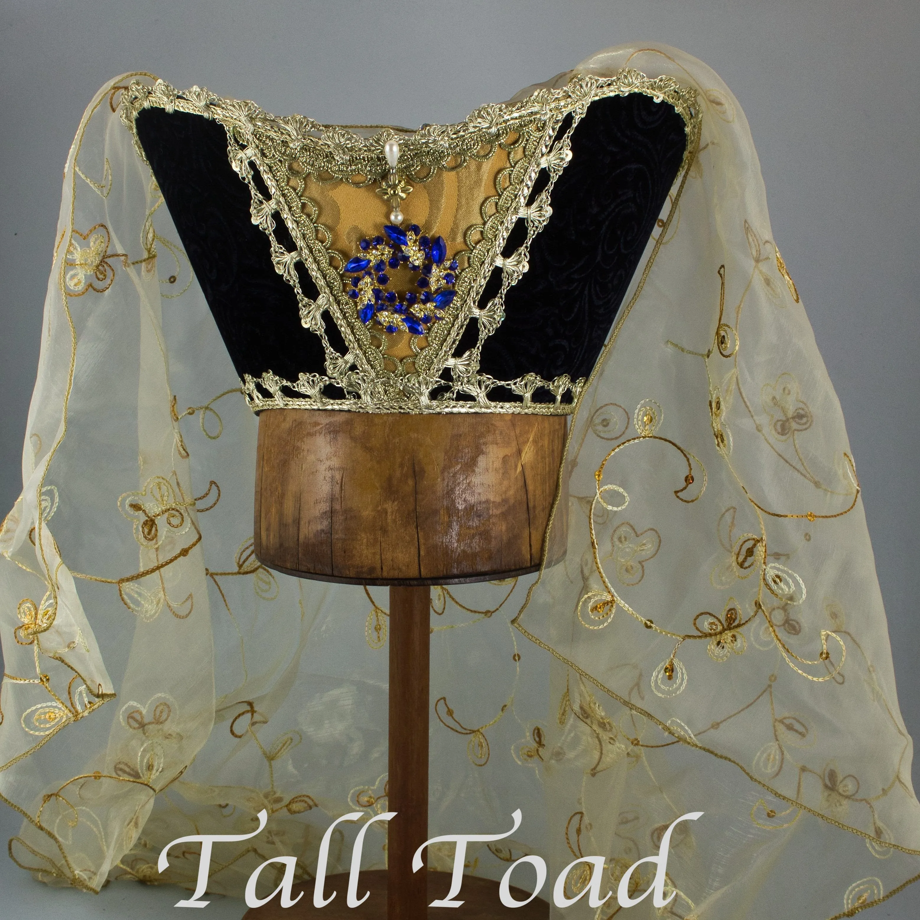 Fancy Horned Headdress - Black Velvet / Gold Sequin Veil / Blue Jewel