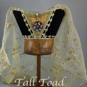 Fancy Horned Headdress - Black Velvet / Gold Sequin Veil / Blue Jewel