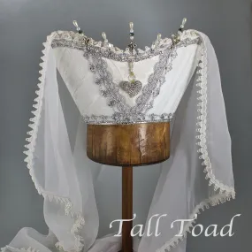 Fancy Horned Headdress - White Velvet / Rhinestone Heart / Pearl Stick Pins