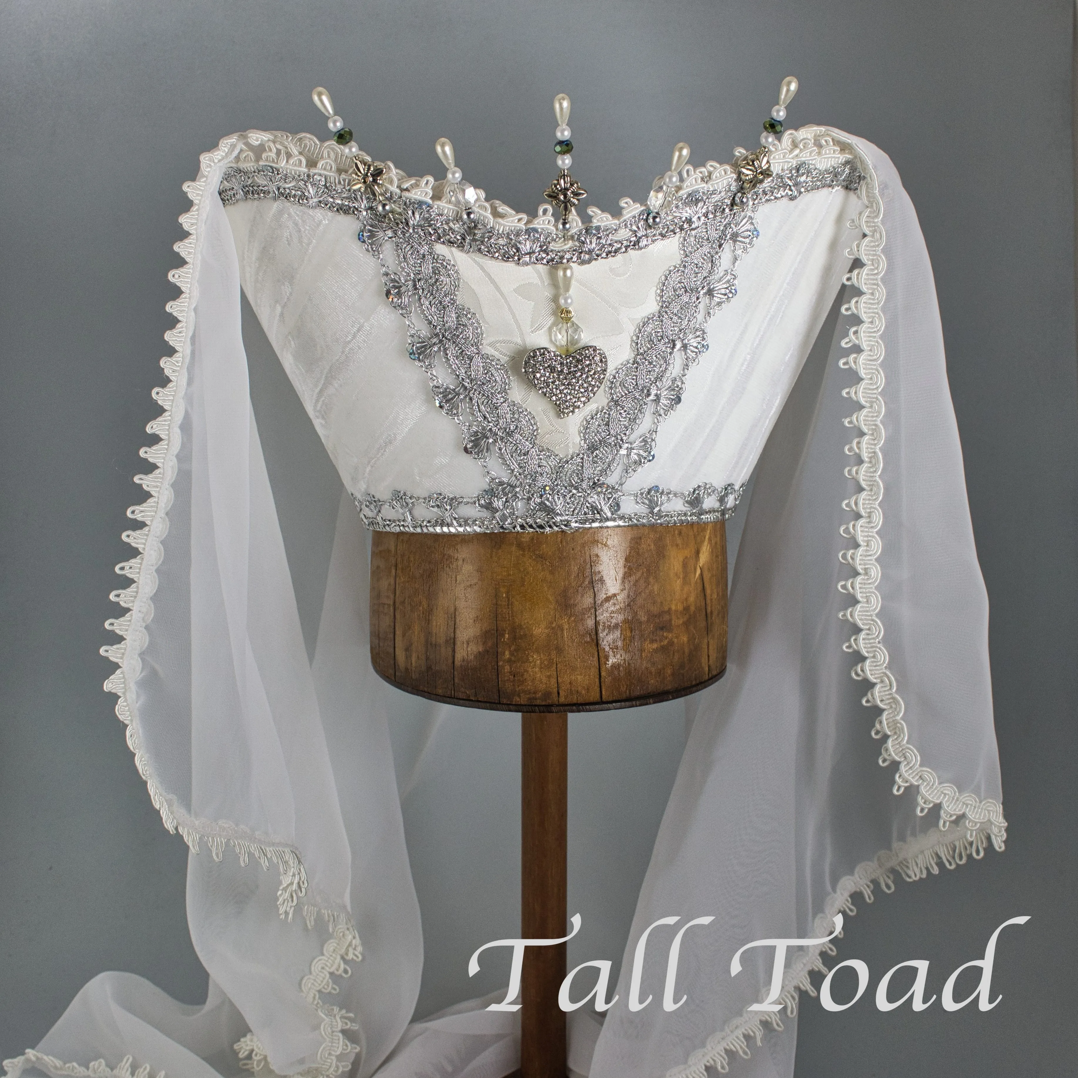 Fancy Horned Headdress - White Velvet / Rhinestone Heart / Pearl Stick Pins