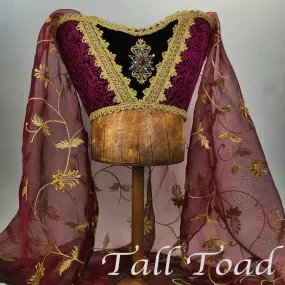 Fancy Horned Headdress - Wine / Wine Embroidered Veil / Ruby Jewel