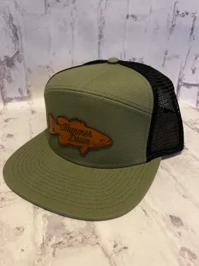 Hammer Down "Bass Script" Trucker Hat - Olive with Leather Patch