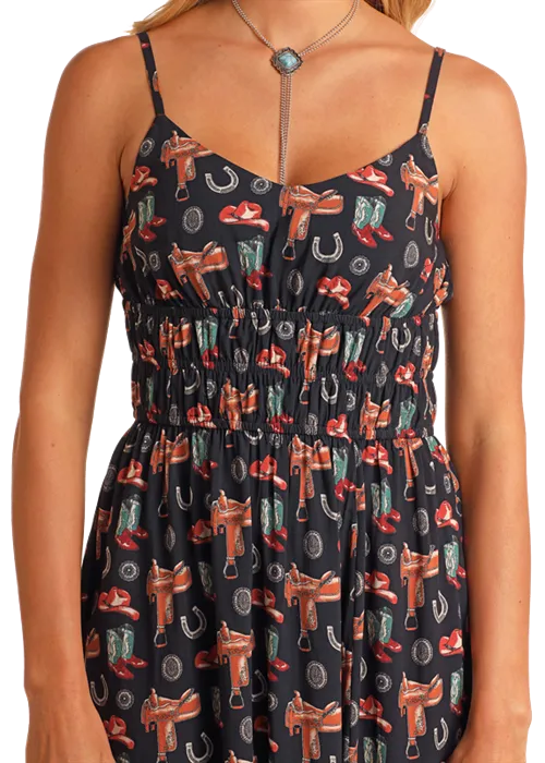 LADIES CONVERSATIONAL MIDI DRESS WITH FRONT SLIT
