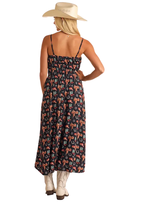 LADIES CONVERSATIONAL MIDI DRESS WITH FRONT SLIT