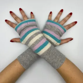 Pale Grey Striped Fingerless Gloves