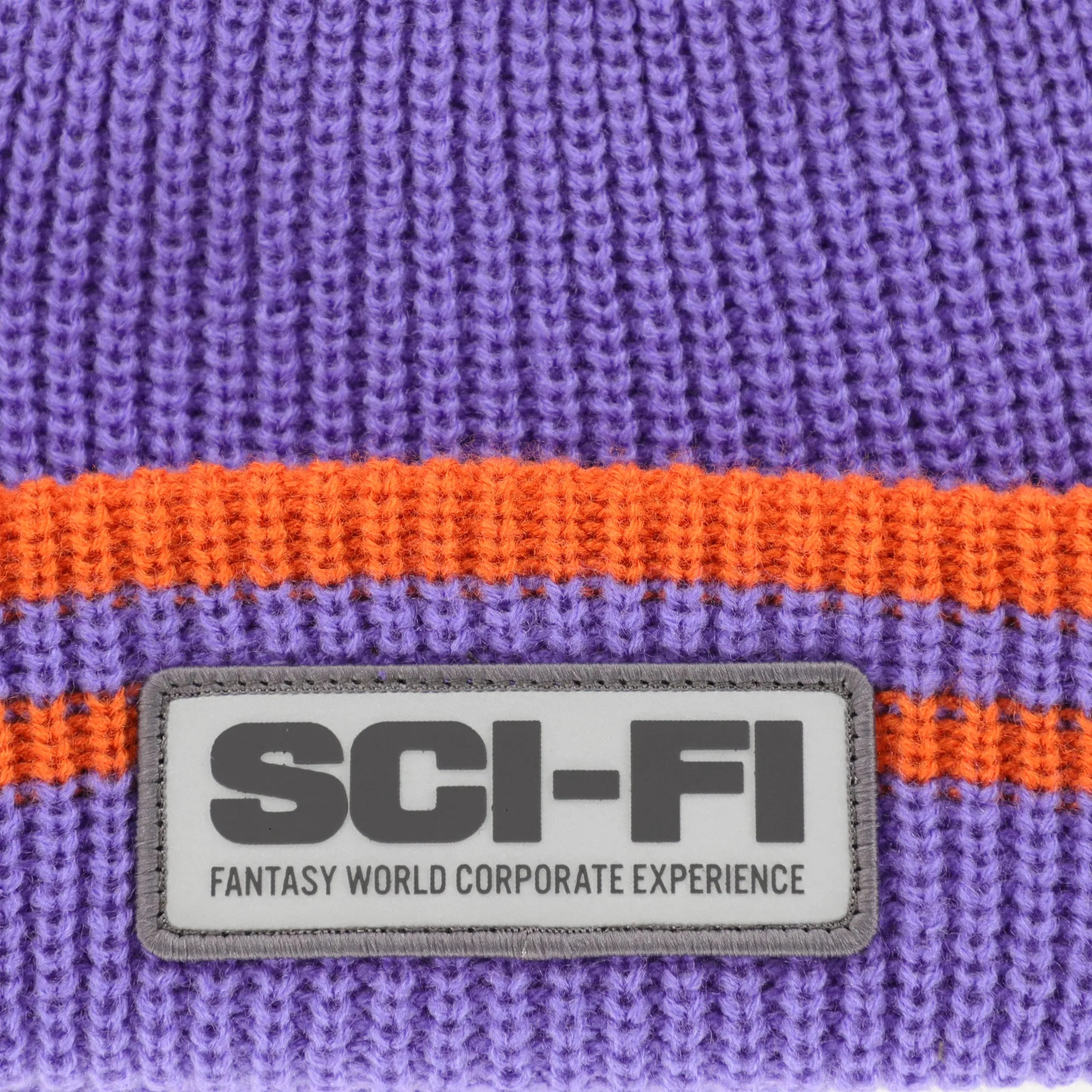 SCI-FI FANTASY REFLECTIVE PATCH STRIPED BEANIE PURPLE/ORANGE