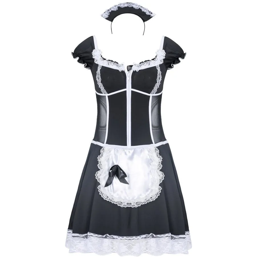 Sexy French Maid Costume, Cosplay Lace Arpon Outfit with Headgear and Ribbons