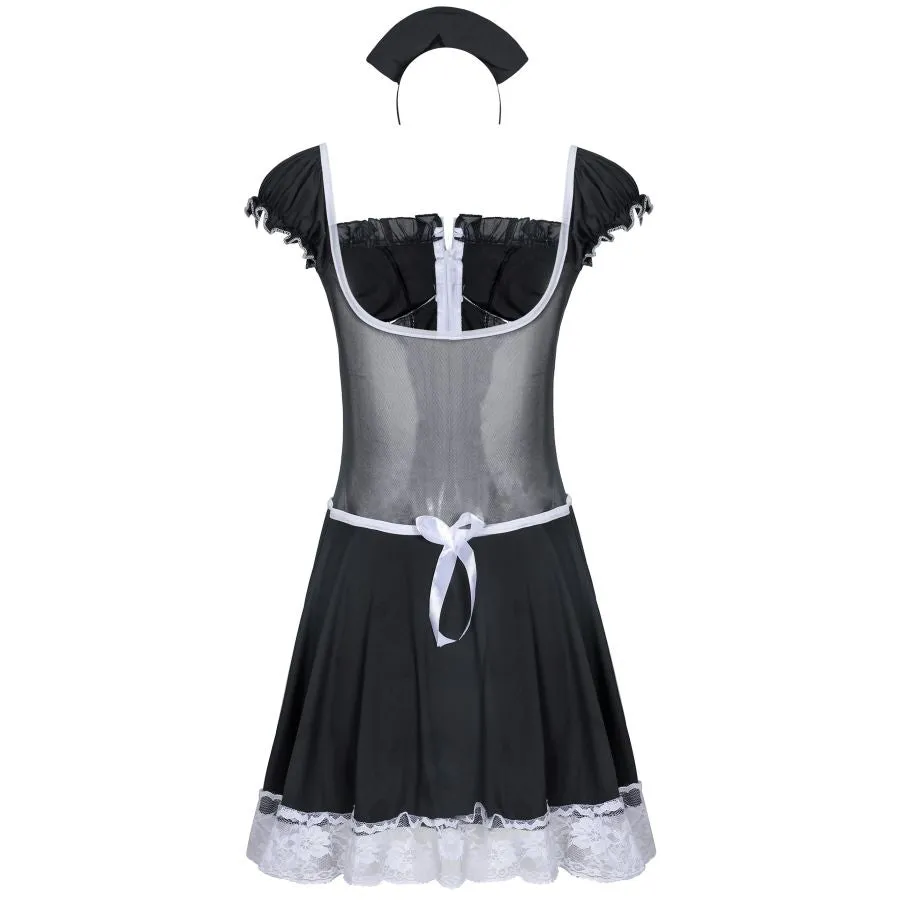 Sexy French Maid Costume, Cosplay Lace Arpon Outfit with Headgear and Ribbons