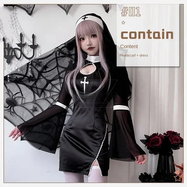 Sexy Women Nun Gothic Outfits Vampire Cosplay Halloween Party Dress-up